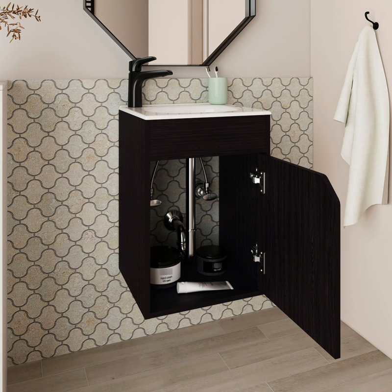 Meuble-lavabo flottant mural à une porte avec charnière européenne à fermeture en douceur pour salle de bain contemporaine au design moderne et moderne