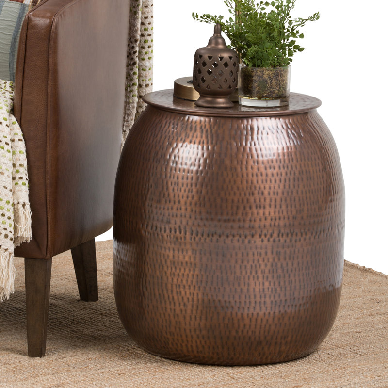 Antique Copper Round Iron Drum Storage Accent Table