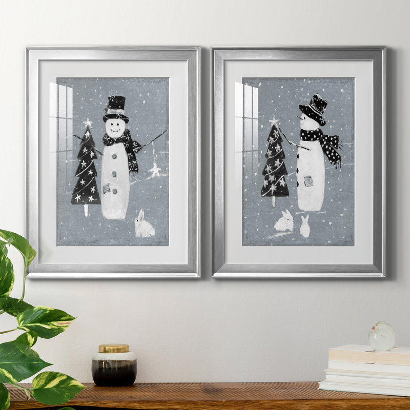«Snowman Galvanized I», ensemble de 2 reproductions, Blanc, Papier avec cadre argenté, H 22,5 po x l 61 po x P 1,5 po