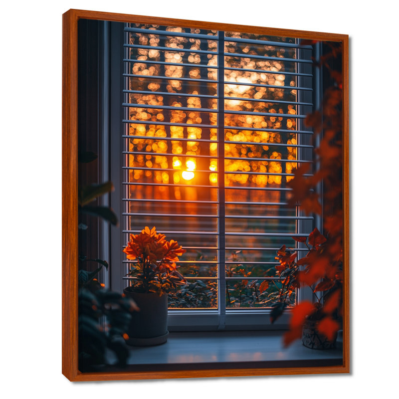 Window In The Forrest Sunrest - Art mural de fenêtre pour le salon, H 20 po x l 12 po, Impression encadrée flottante, Brun