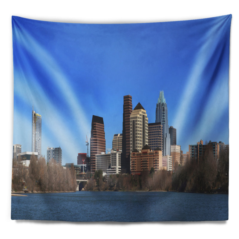 Tapisserie en polyester cityscape du centre-ville texas avec accessoires suspendus inclus, H 32 po x l 39 po