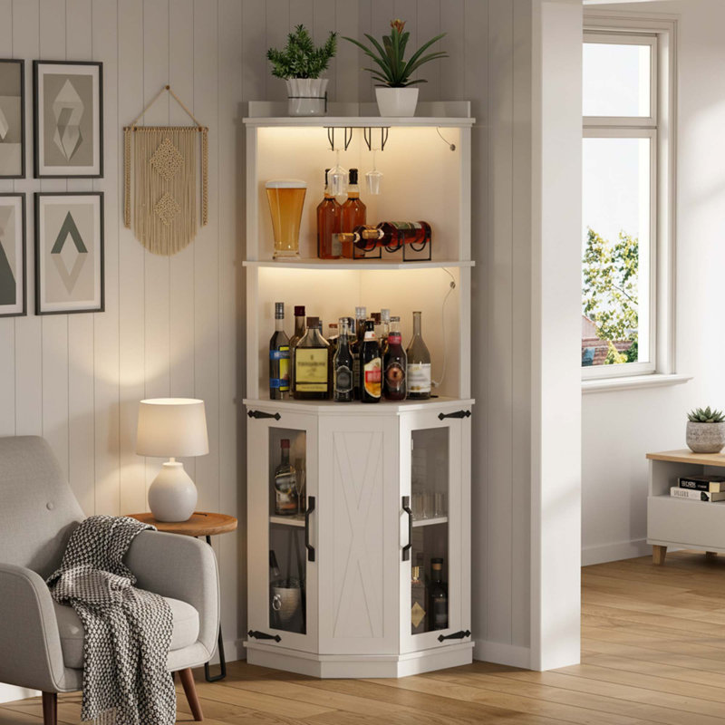 Bar d'angle 67,3 "avec prise de courant, tablettes réglables, support en verre et lumières