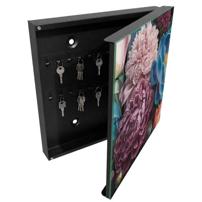 Key cabinet for wall, Opens to the right, 30x30x5, Black, Colorful flowers on a black background, 