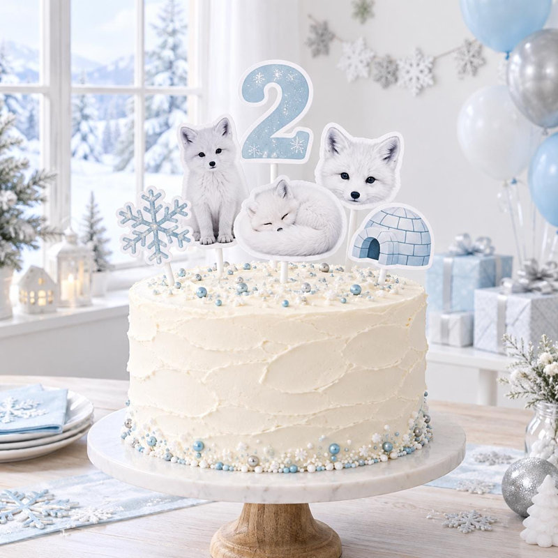 Ensemble de décorations de gâteau personnalisées Renard arctique, pics en carton pour anniversaire d'animaux d'hiver (Âge : 3 ans)