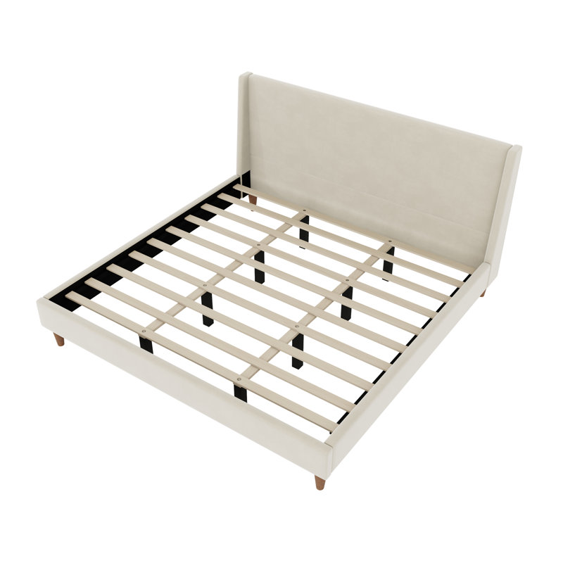Upholstered Bed With Wingback Headboard, King, Beige