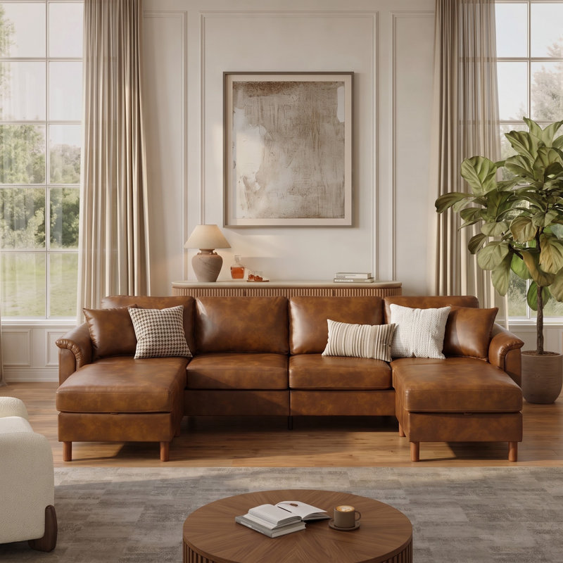Canapé d'angle en similicuir de 305 cm de large avec 2 poufs de rangement, brun