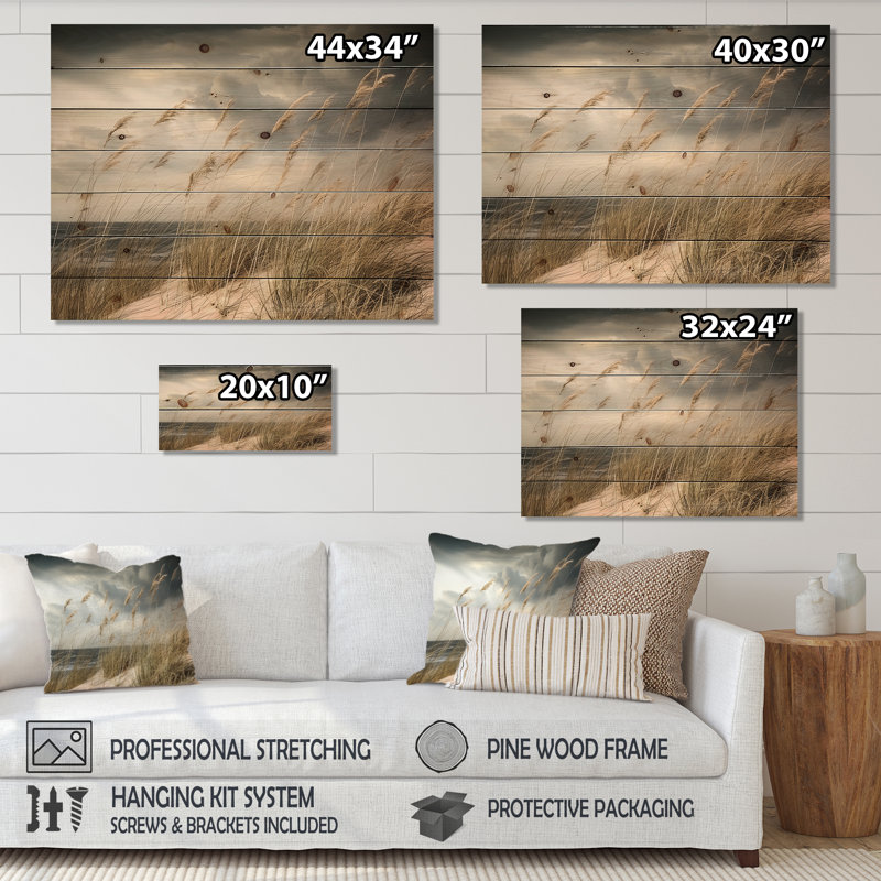 «Coastal Beach Grass Tranquility - Coastal Beach», art mural sur bois de pin naturel, H 30 po x l 40 po
