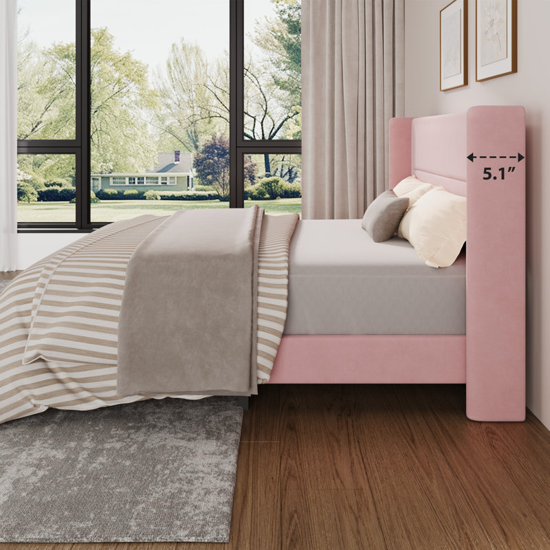 Full Size Bed Frame with Wingback Headboard, Velvet Upholstered Platform Bed Frame with Sturdy Wooden Slats Support, No Box Spring Needed, Easy Assembly, Pink