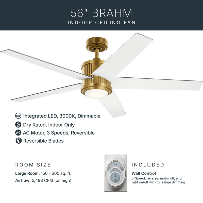 Brahm 56'' Ceiling Fan with LED Lights, Natural Brass with White Blades