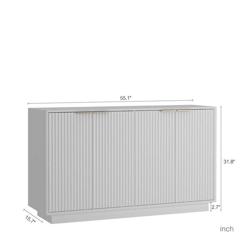 Fluted Sideboard Cabinet, Credenza With Adjustable Shelves, 31.8" H x 55.1" W x 15.7" D, White