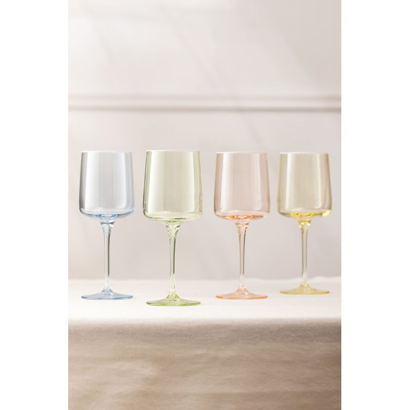 Ensemble de verres à vin élégants (4 pièces), 7,9 po x 7,9 po x 7,9 po | Fabrication en verre 100% capacité 10,8 oz liq. Saumon éclatant, jaune, bleu et vert | Parfait pour les réceptions et la décoration intérieure, lavage à la main recommandé