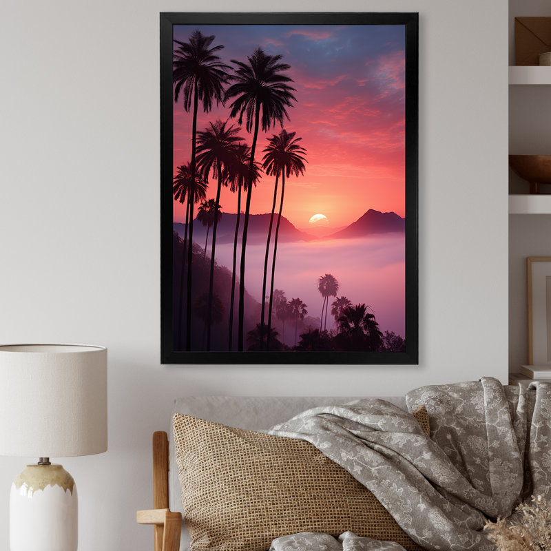 Palmier abstrait d'Hawaï, coucher de soleil II, H 44 po x l 34 po x P 1,5 po, Cadre simple noir