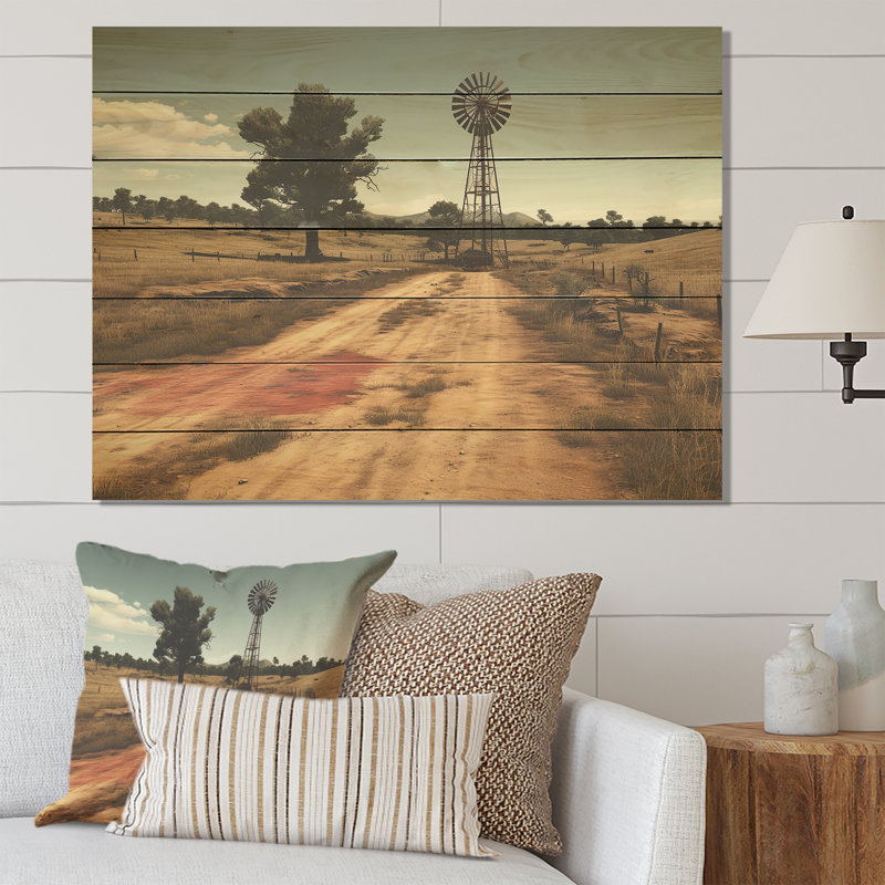 Reproduction d'huile rétro - Éoliennes sur bois, H 30 po x l 40 po