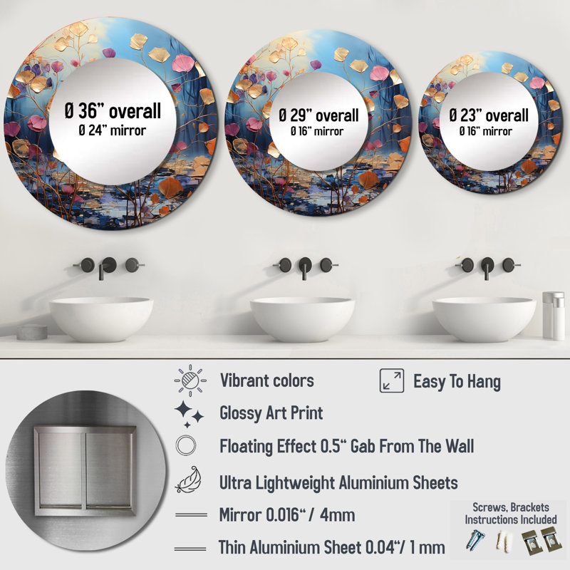 Gold And Blue Leaves Charm In Winter - Leaves Large Mirror, Traditional Round Decorative Wall Mirror, Printed Metal Art