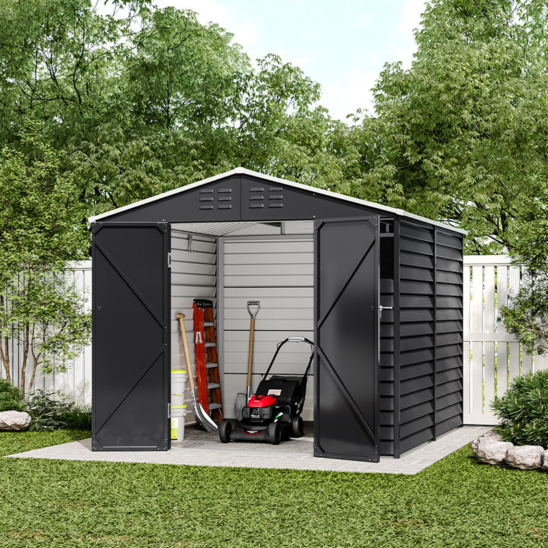 Charcoal Steel Tool Shed with Front Windows and Ventilation