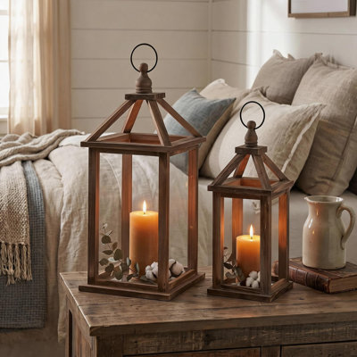 Ensemble de 2 lanternes de style campagnard en bois, lanternes décoratives en bois avec anneau de suspension, porte-bougie rétro intérieur et extérieur pour décoration de patio de mariage à la maison, bougies non incluses