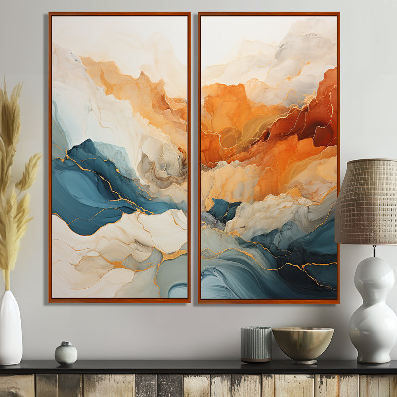 Abstrait abstrait orange et bleu - encre bleue, H 40 po x l 40 po, Brun, Impression encadrée flottante