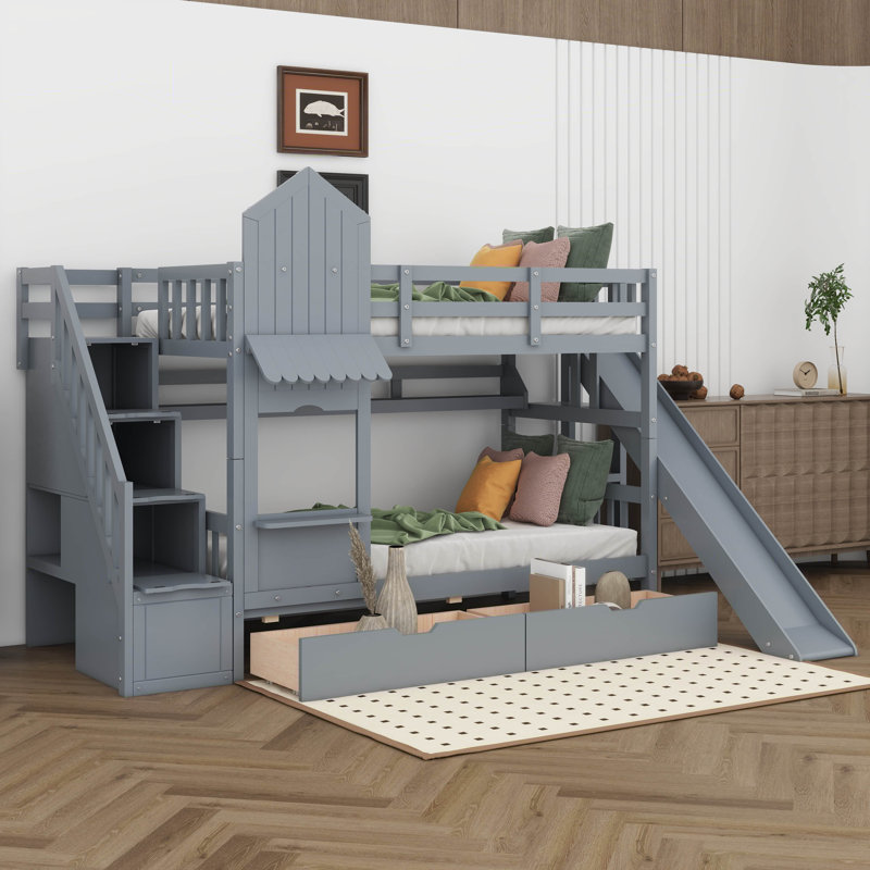 Lit superposé simple au-dessus d'un lit simple de style château avec 2 tiroirs et 3 tablettes, structure de lit superposé en bois avec glissière et escalier de rangement