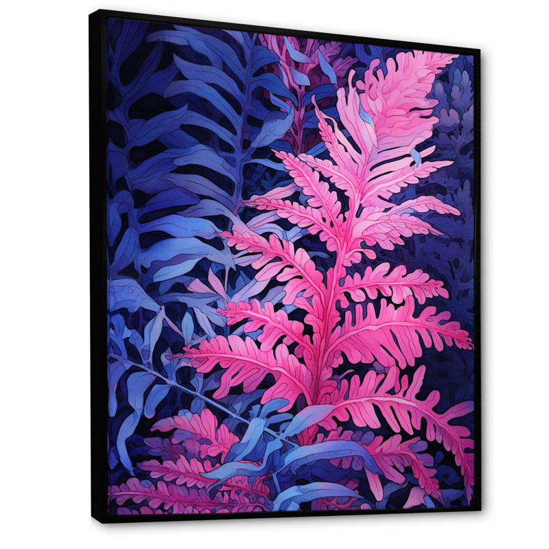 Fond de fougère rose bleue sur toile, H 32 po x l 16 po x P 1,5 po, Cadre flottant noir