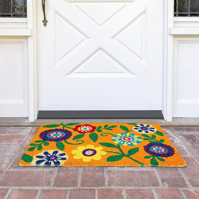 Floral Coir Door Mat - 17 X 30 In, Natural & Modern - Outdoor Welcome Mat For Front Door & Patio With PVC Backing