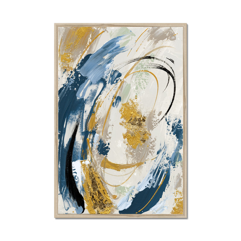 Blue Yellow Abstract - Painting, 95cm H x 65cm W x 2.3cm D, Natural Wood Framed Paper Print
