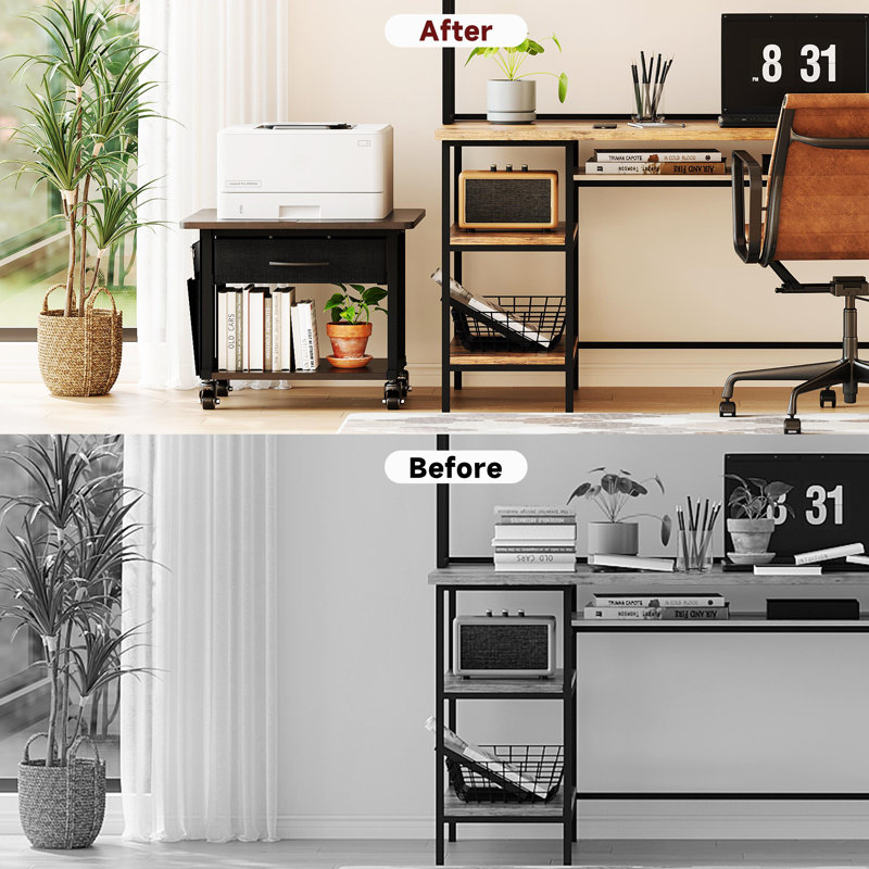 2 Tier Industrial-Grade Printer Stand with Storage, Printer Table with Storage & Drawer, Heavy Duty Shelf for Small Space, Office Organization for Home Office