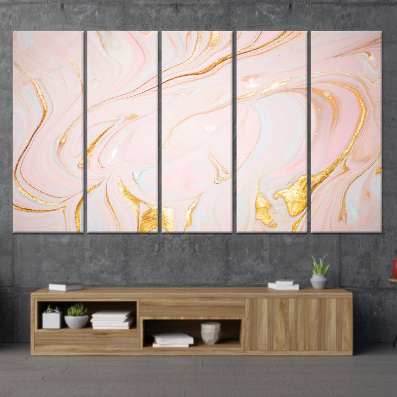 Élégant art mural en marbre rose: impression sur toile chatoyante dorée, toile tendue 5P, 43,3 po H x 98,4 po l