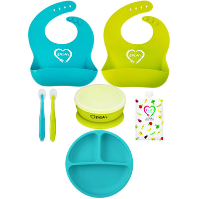 Evla's Baby Feeding Set, Baby Led Weaning Supplies, Adjustable Silicone Bibs, Divided Plate, Suction Bowl With Lid, Soft Spoons For Babies Or Toddlers