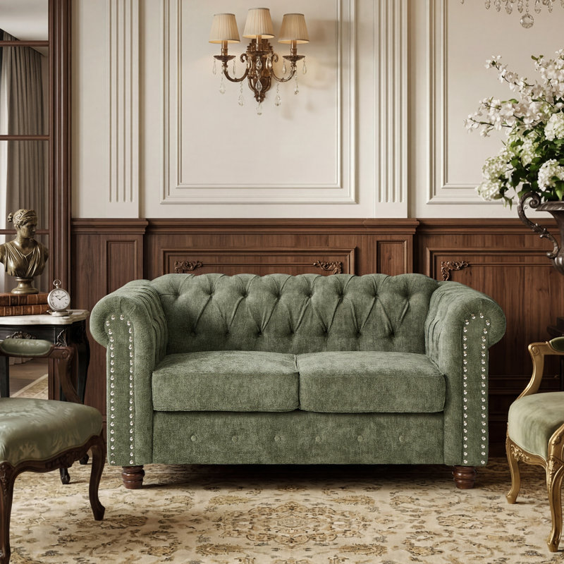 Abdulhameed 61“ Chenille Chesterfield Loveseat, Modern Farmhouse Upholstery  Couch Sofa With Rolled Arm And Nailhead Trim