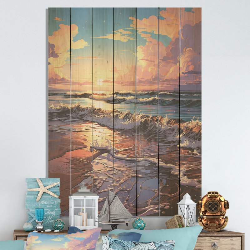 Beachside Sunset Horizon III - plage sur bois, H 40 po x l 30 po