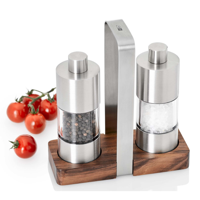 Stainless Steel and Glass Salt and Pepper Grinder Set with Wooden Tray