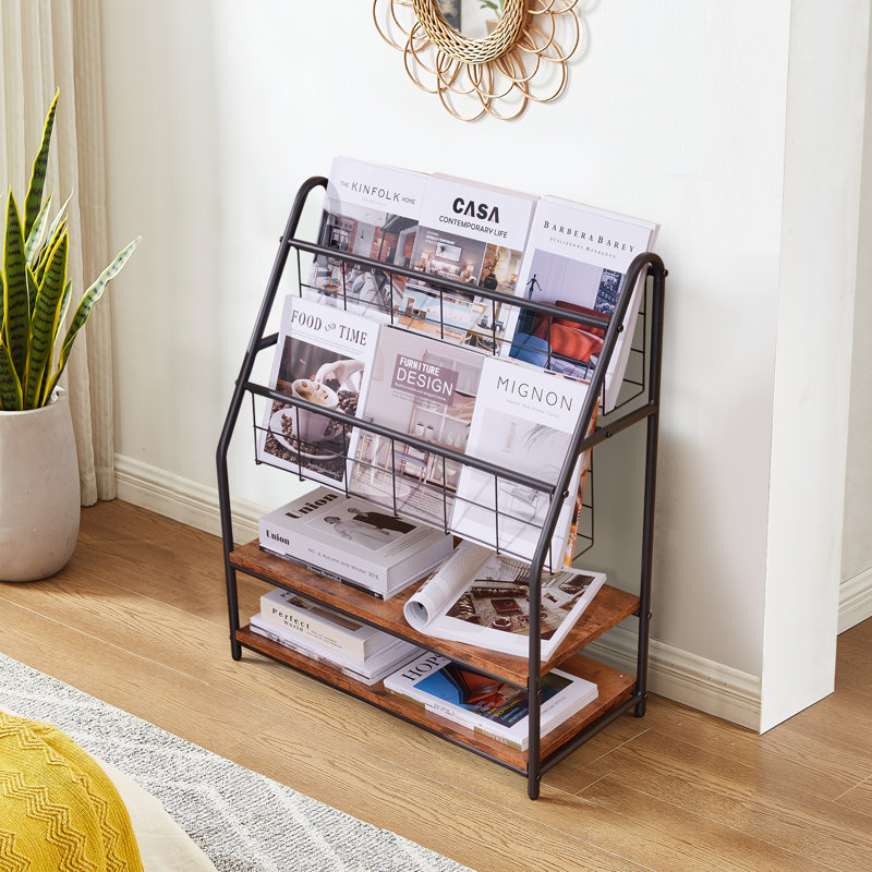 Porte-revues en métal à 2 niveaux avec tablettes en bois, tablette de rangement pour le salon ou la chambre à coucher, Gris