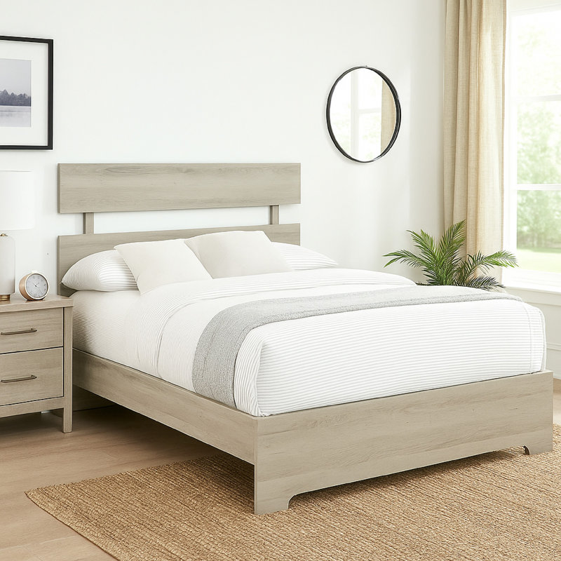 Lit plateforme avec tête de lit Cuzzy, bois blanc à profil bas, Simple