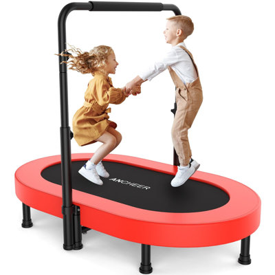 56" Double Foldable Mini Trampoline For Kids, Mini Rebounder With 5-Level Adjustable Handle, Parent-Child Trampoline For Adult Kids, Fun For Indoor/Outdoor