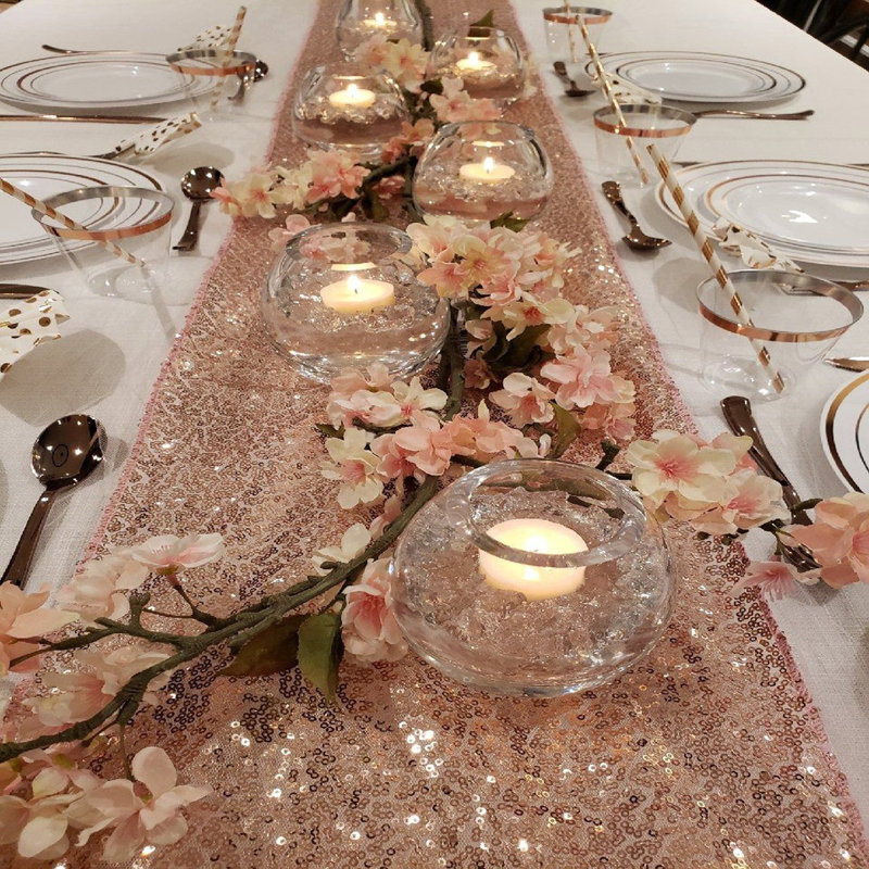 Chemin de table Rose Gold Sequin 12 po x 108 po - Tissu scintillant scintillant pour fêtes, mariages et banquets, Or rose