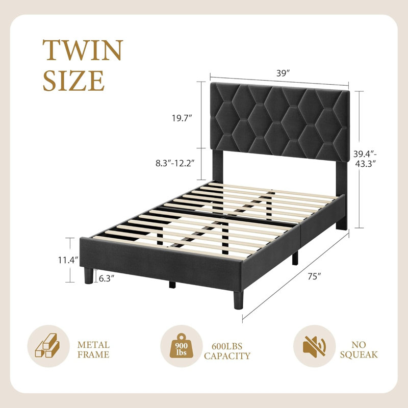 Linen Fabric Upholstered Bed Frame with Adjustable Headboard, Twin