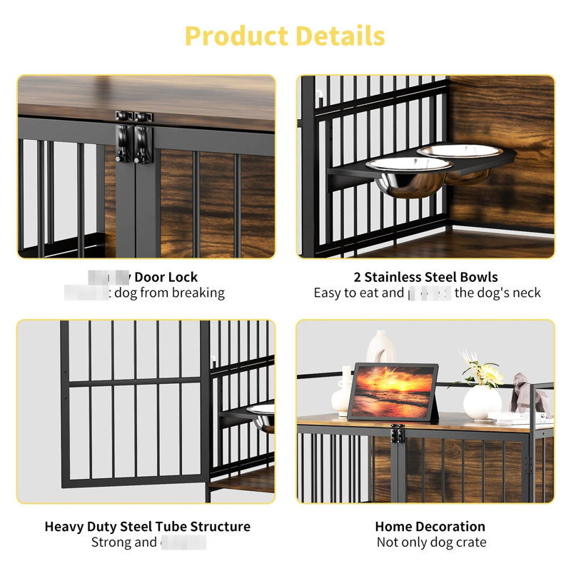 Grande cage à chien brune de 48 po avec mangeoire surélevée réglable pour animaux, H 43,39 po x l 46,98 po x P 30,43 po