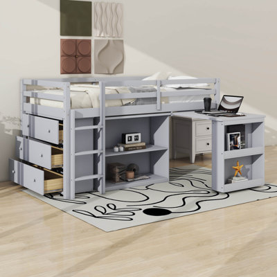 Lit mezzanine simple avec bureau coulissant, tiroirs et tablettes ouvertes