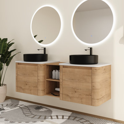 Ensemble de meuble-lavabo double 60 po avec lavabo en céramique et tablettes de rangement Greythor, ensemble de meuble-lavabo double 60 po avec plateau en pierre