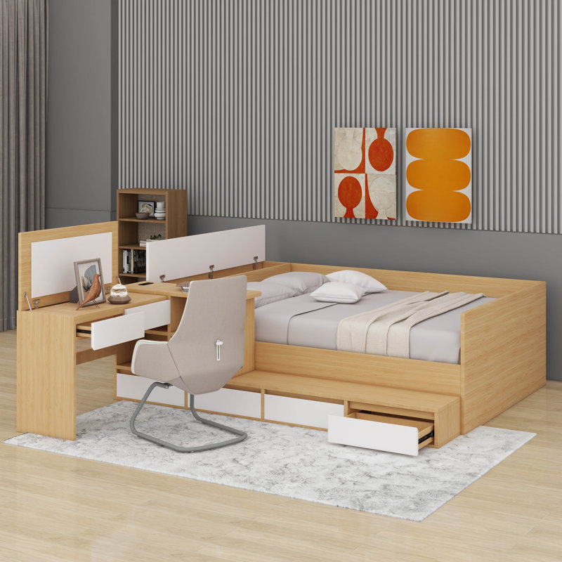 Lit plateforme double en bois avec tiroirs, tablettes et coiffeuse, Naturel