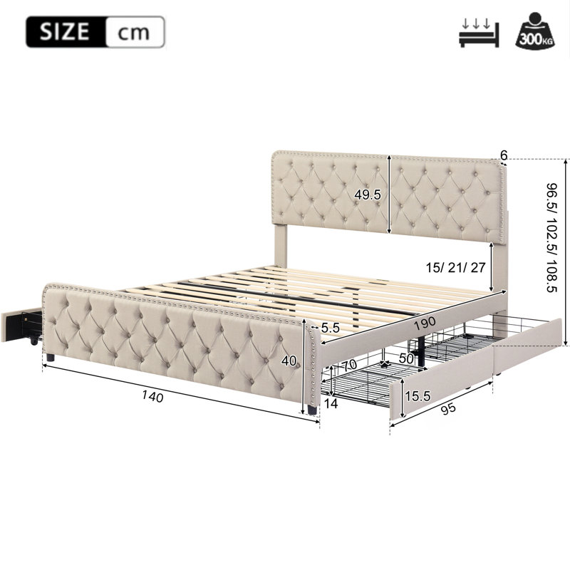 Farlow Upholstered Storage Bed, Beige, European Double (140 x 200cm)