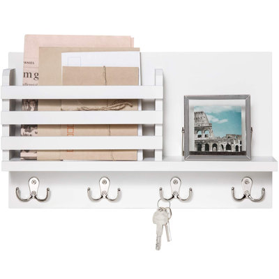 Porte-courrier mural en bois avec porte-clés et porte-clés avec 4 crochets à clés doubles et une tablette flottante