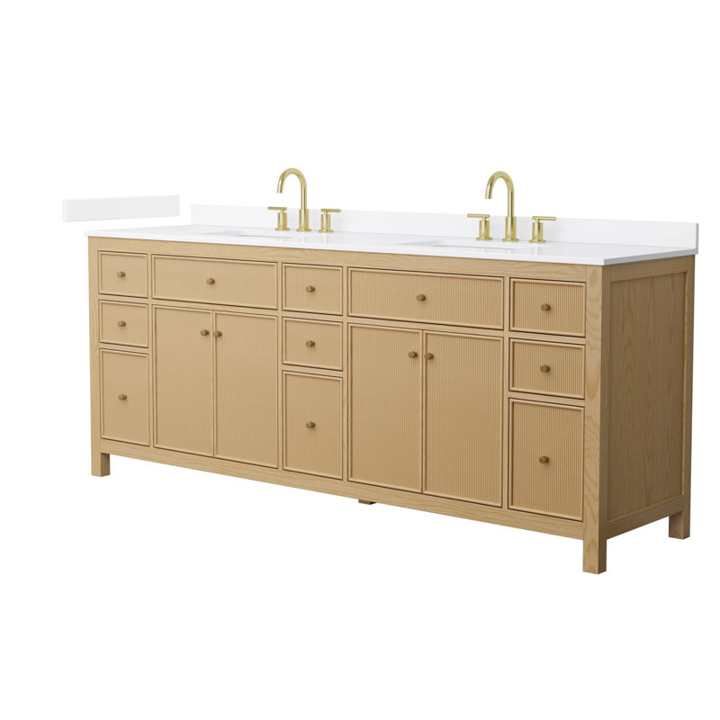 Meuble-lavabo double autoportant 84 po avec plateau en quartz Pendry, Or brossé, White Quartz, Tanned Oak