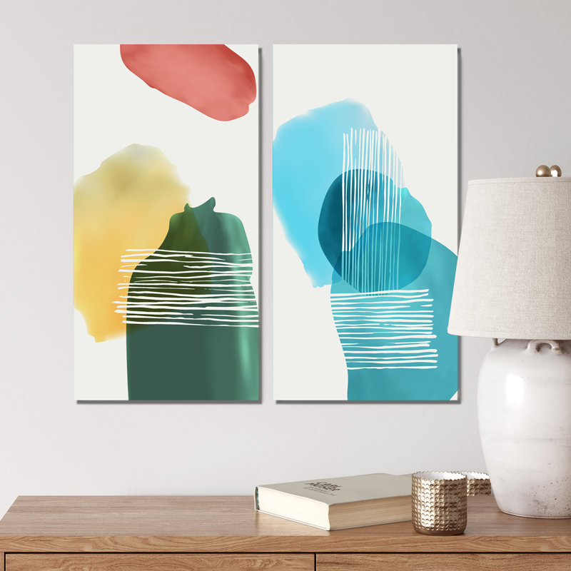 «Minimalistic Foliage with Pastel Shapes I», ensemble de 2 peintures, Toile tendue, H 20 po x l 24 po x P 1 po
