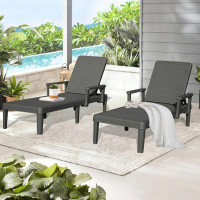 Pool Lounge Chairs Set of 2, Adjustable Backrest and Armrest, Resin Waterproof Chaise for Poolside and Patio