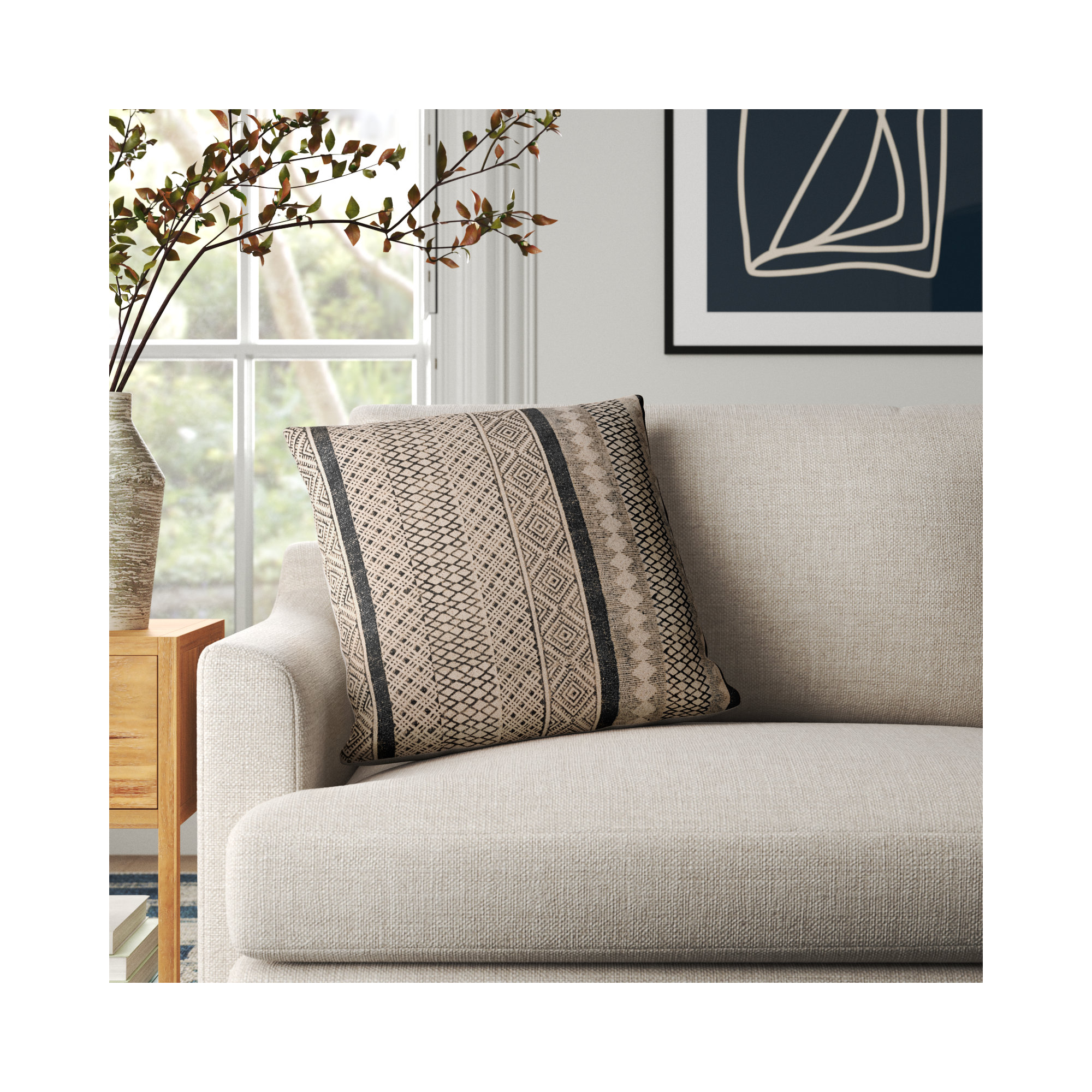 Zetta Geometric Cotton Throw Pillow, Light Beige/Black, 22" x 22", Down