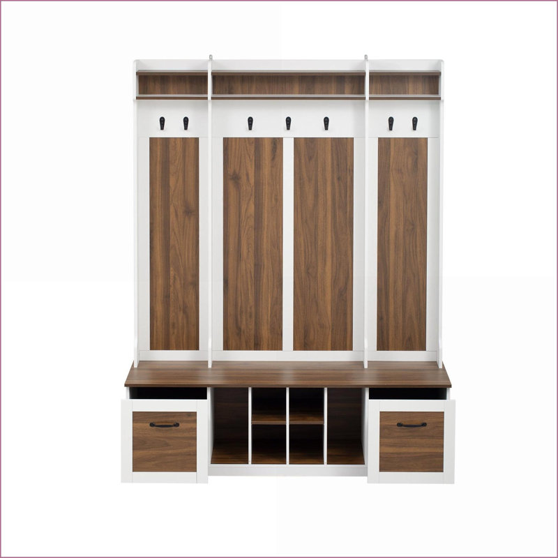Banc de vestibule 5 en 1 avec 7 crochets, 2 tiroirs et amp; Tablettes de 58,8 po de largeur | Brun + blanc | Panneau de fibres à densité moyenne