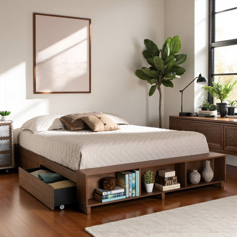 Aura Full Platform Bed, Built-In Shelves modern rustic, Brown 13.78'' H X 58.11'' W X 84.59'' L, Full
