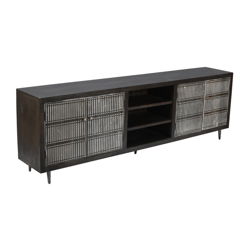 Sarah 4-Door Media Cabinet in Transitional Solid Wood on Iron Base, Antique Brown
