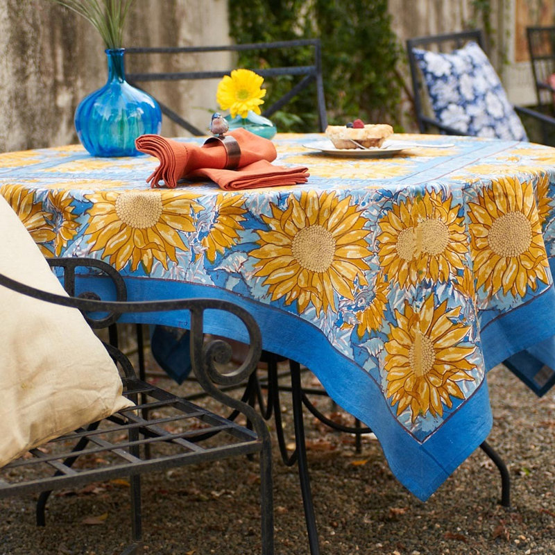 Sunflower Handmade Floral Tablecloth, 59" W x 86" L, Blue